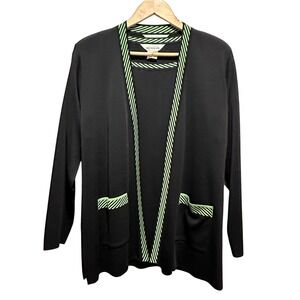 Vintage Misook Cardigan Shell Set Womens Medium Black Green Stripe Knit Twinset